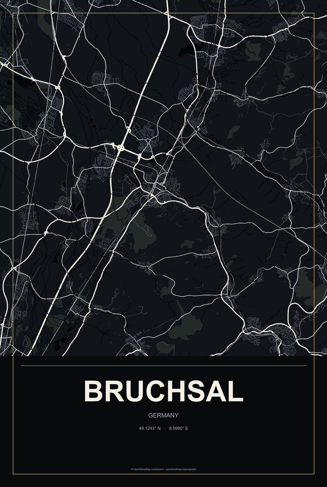 Bruchsal, Germany City Map Aluminum Sign in Metropolitan Noir style