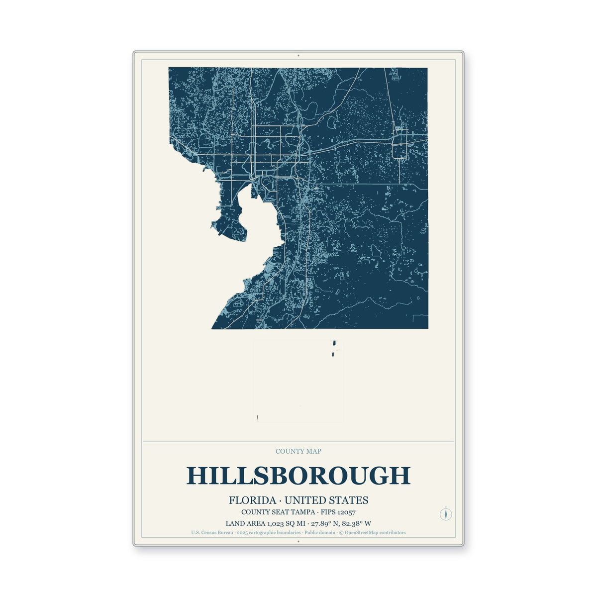 Hillsborough County, Florida Map Aluminum Sign in Coastal Cutout style