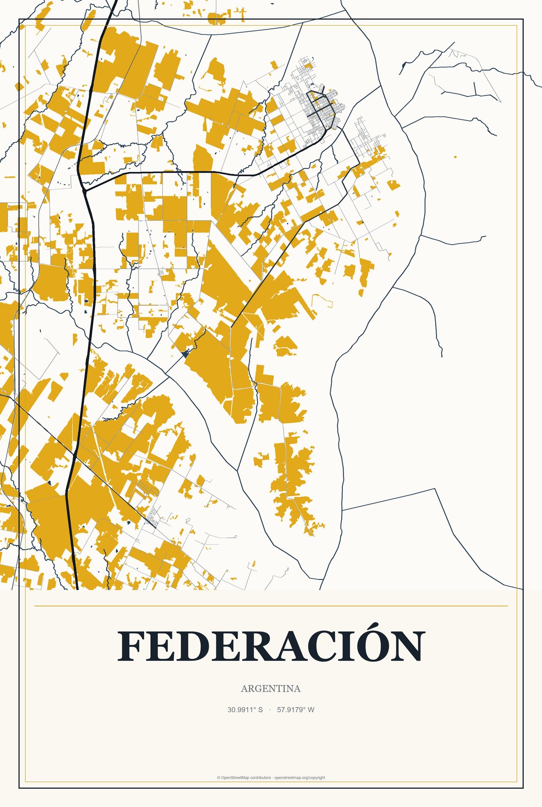 Federación, Argentina City Map Aluminum Sign in Citrine Modern style