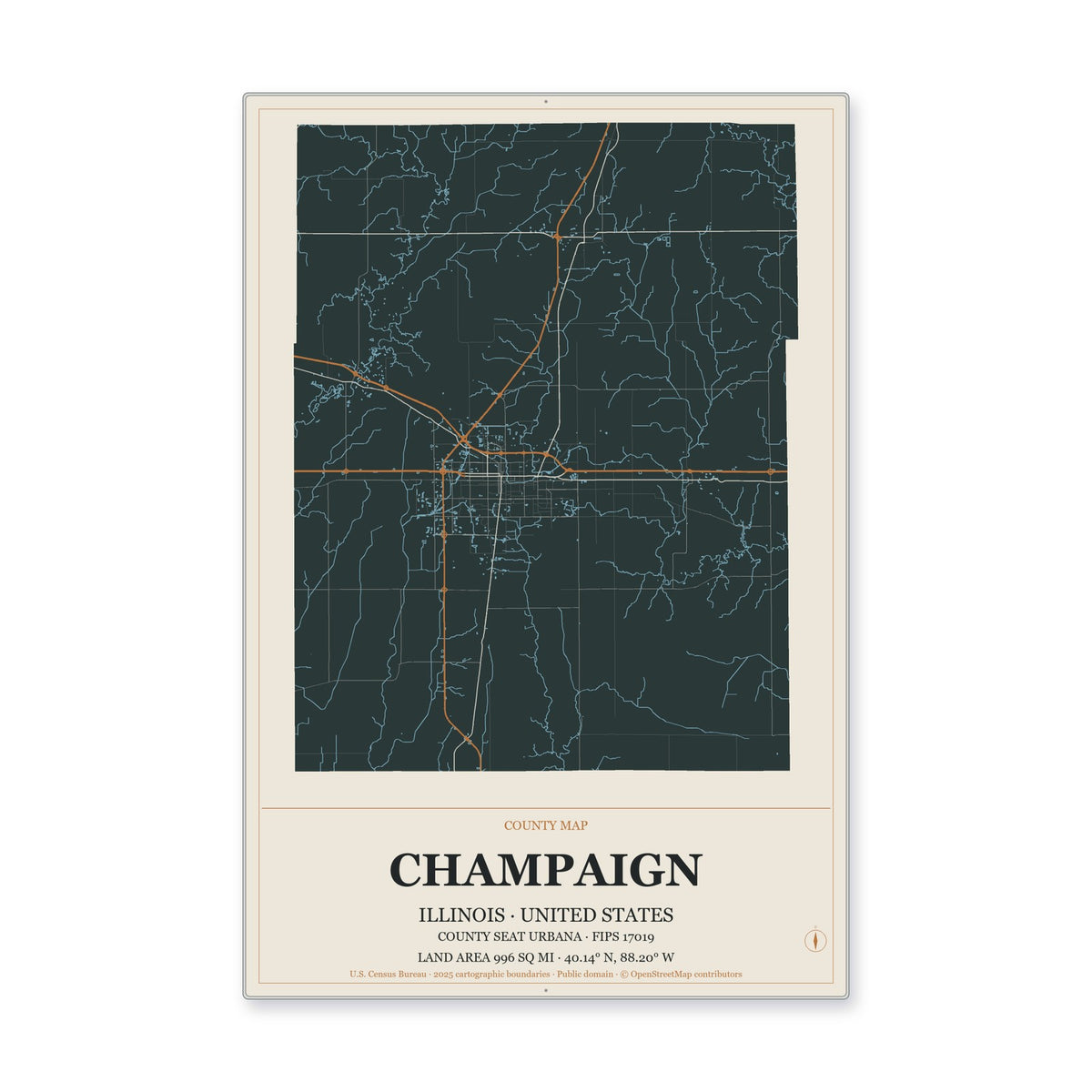 Champaign County, Illinois Map Aluminum Sign in Headline Atlas style