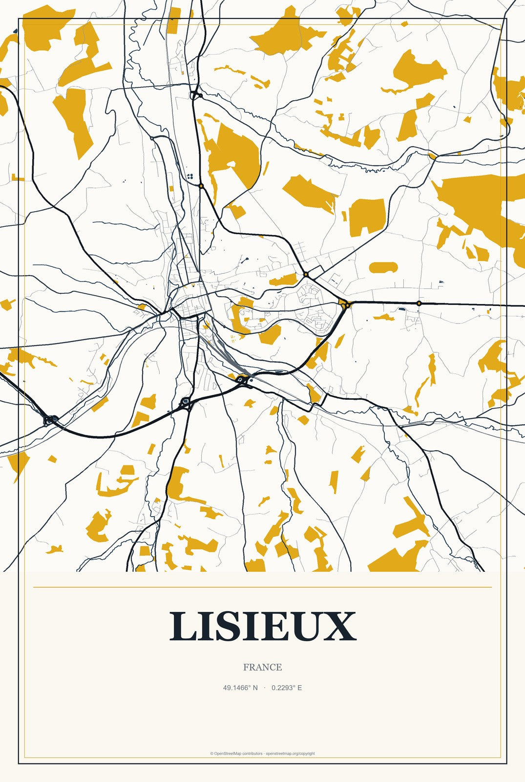 Lisieux, France City Map Aluminum Sign in Citrine Modern style