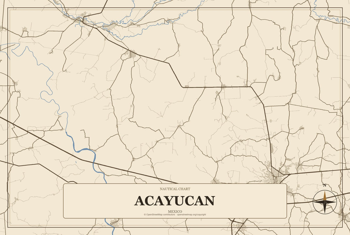Acayucan, Mexico City Map Aluminum Sign in Heritage Nautical style