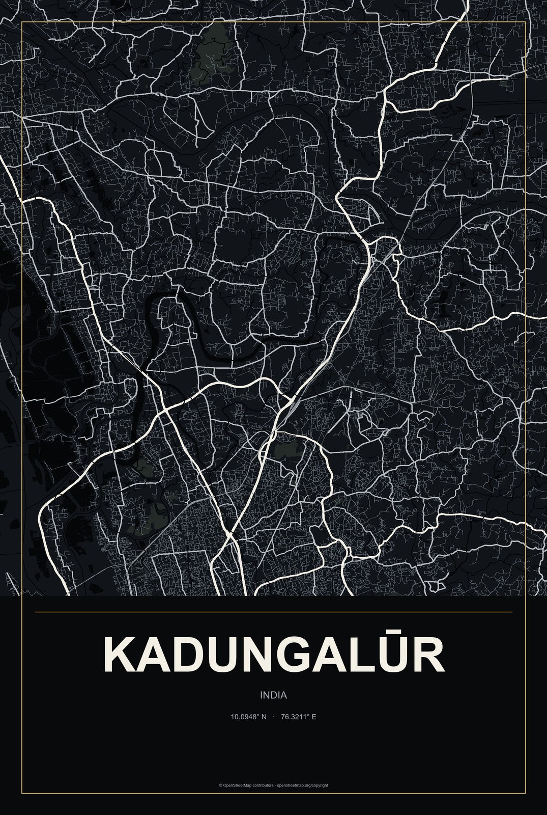 Kadungalūr, India City Map Aluminum Sign in Metropolitan Noir style