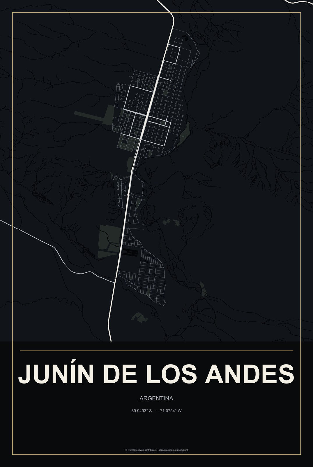 Junín de los Andes, Argentina City Map Aluminum Sign in Metropolitan Noir style