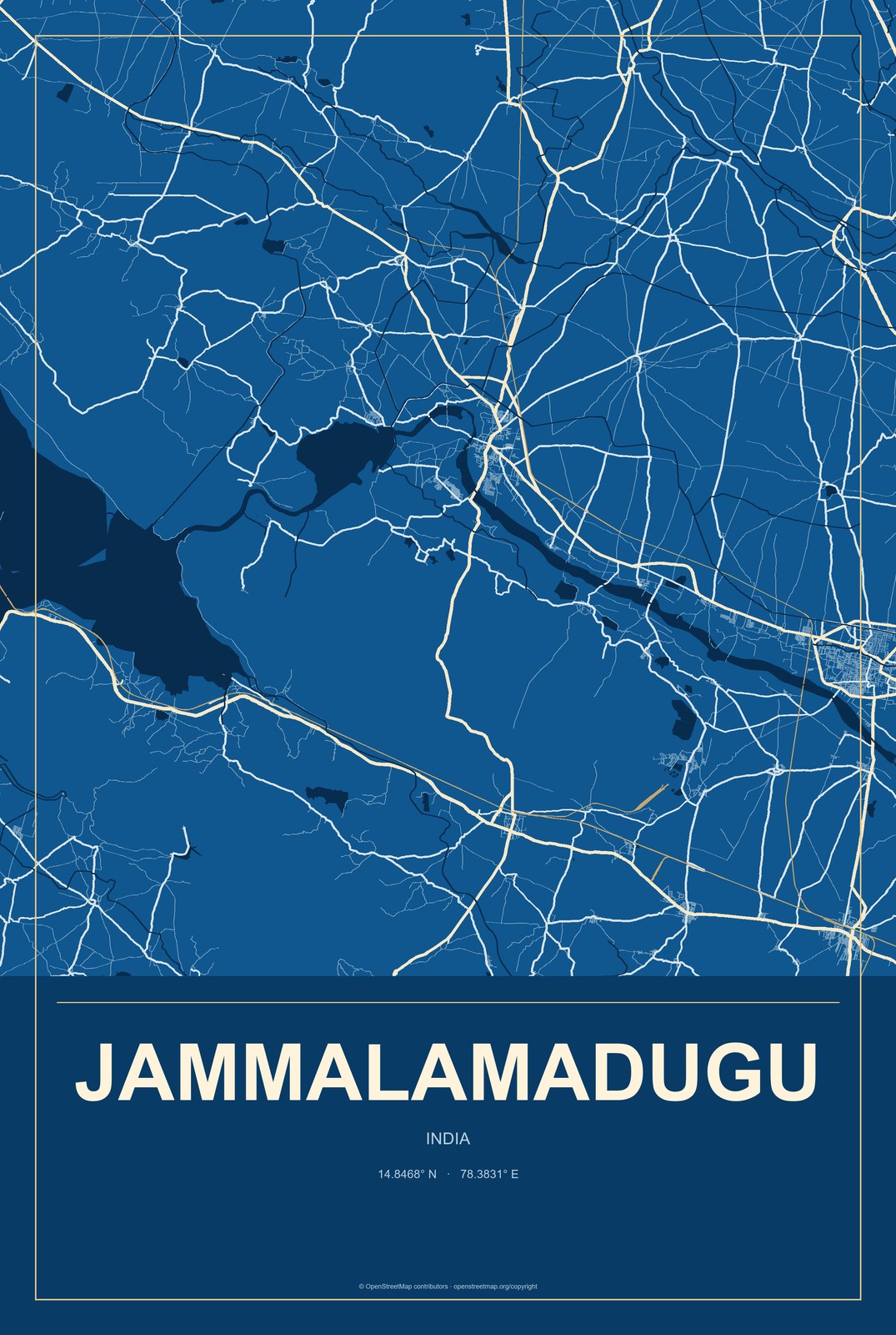 Jammalamadugu, India City Map Aluminum Sign in Harbor Cobalt style