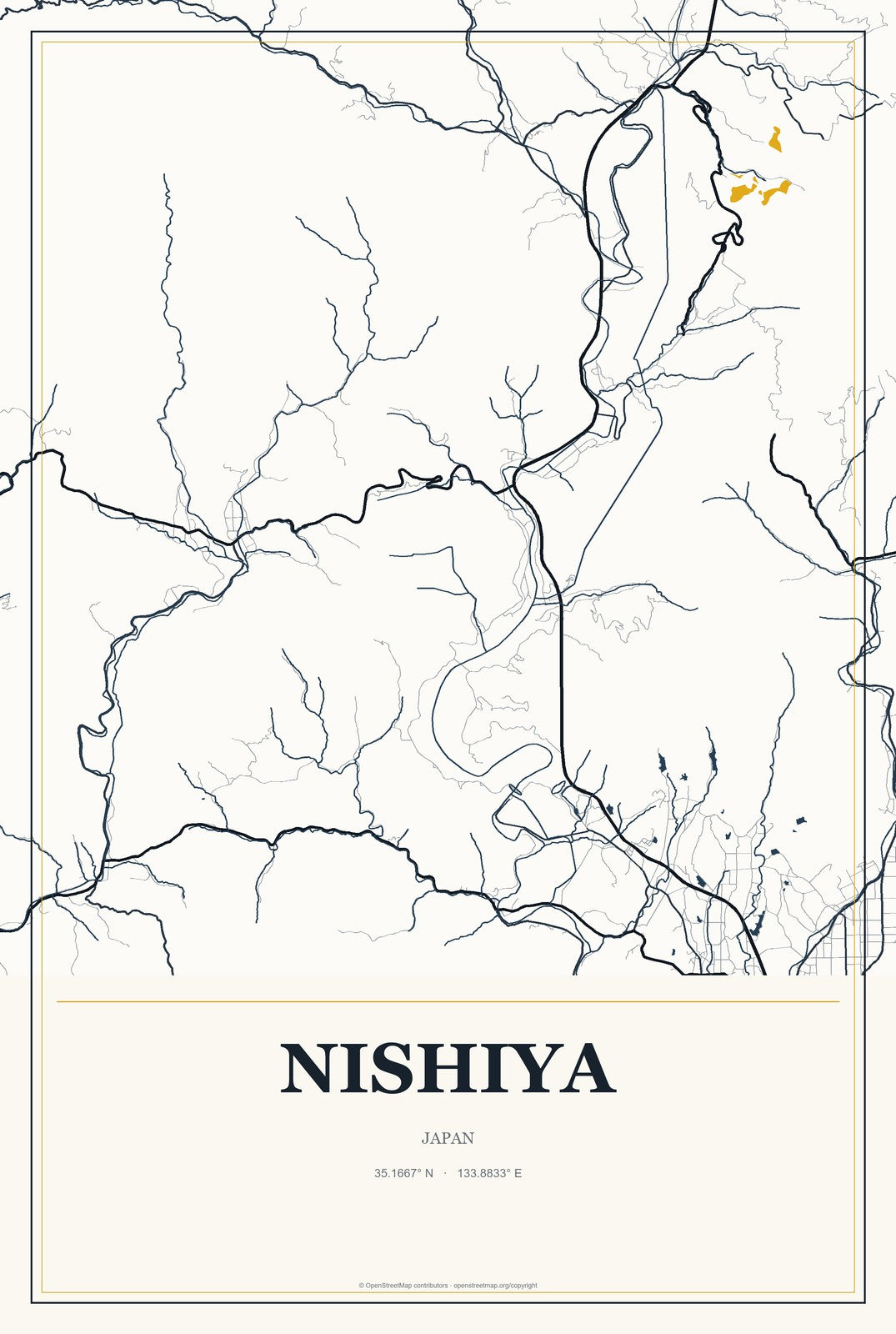 Nishiya, Japan City Map Aluminum Sign in Citrine Modern style