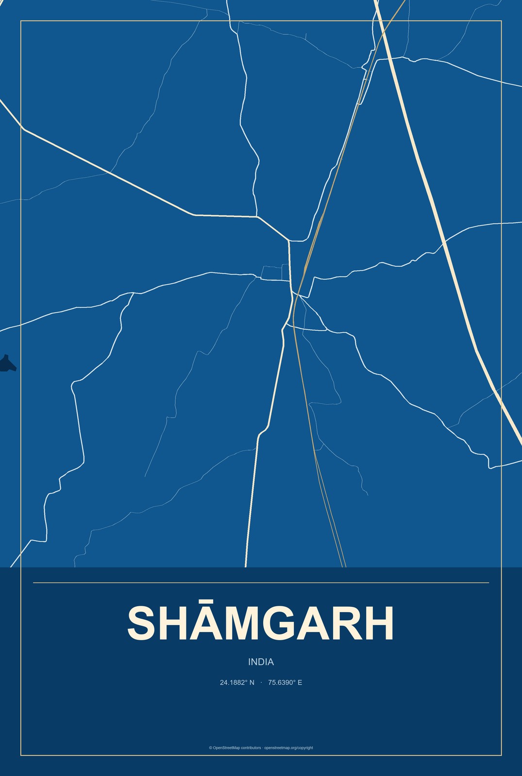 Shāmgarh, India City Map Aluminum Sign in Harbor Cobalt style
