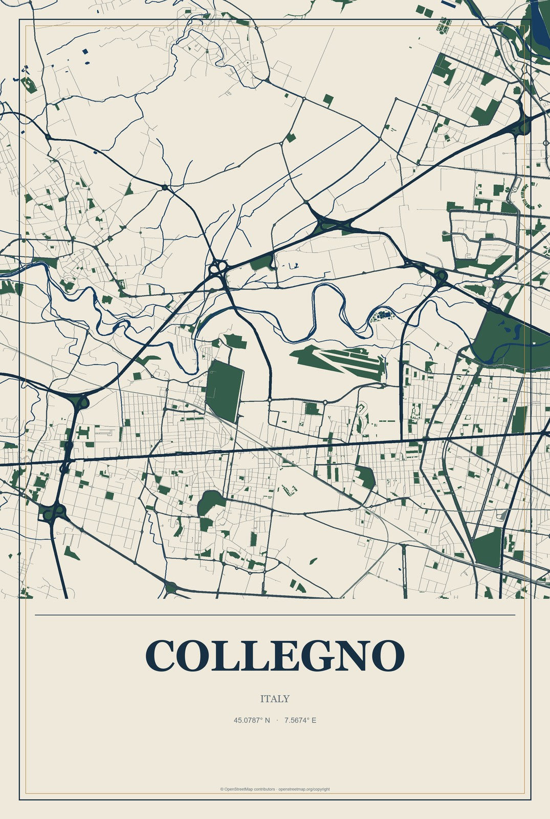 Collegno, Italy City Map Aluminum Sign in Coastal Cutout style