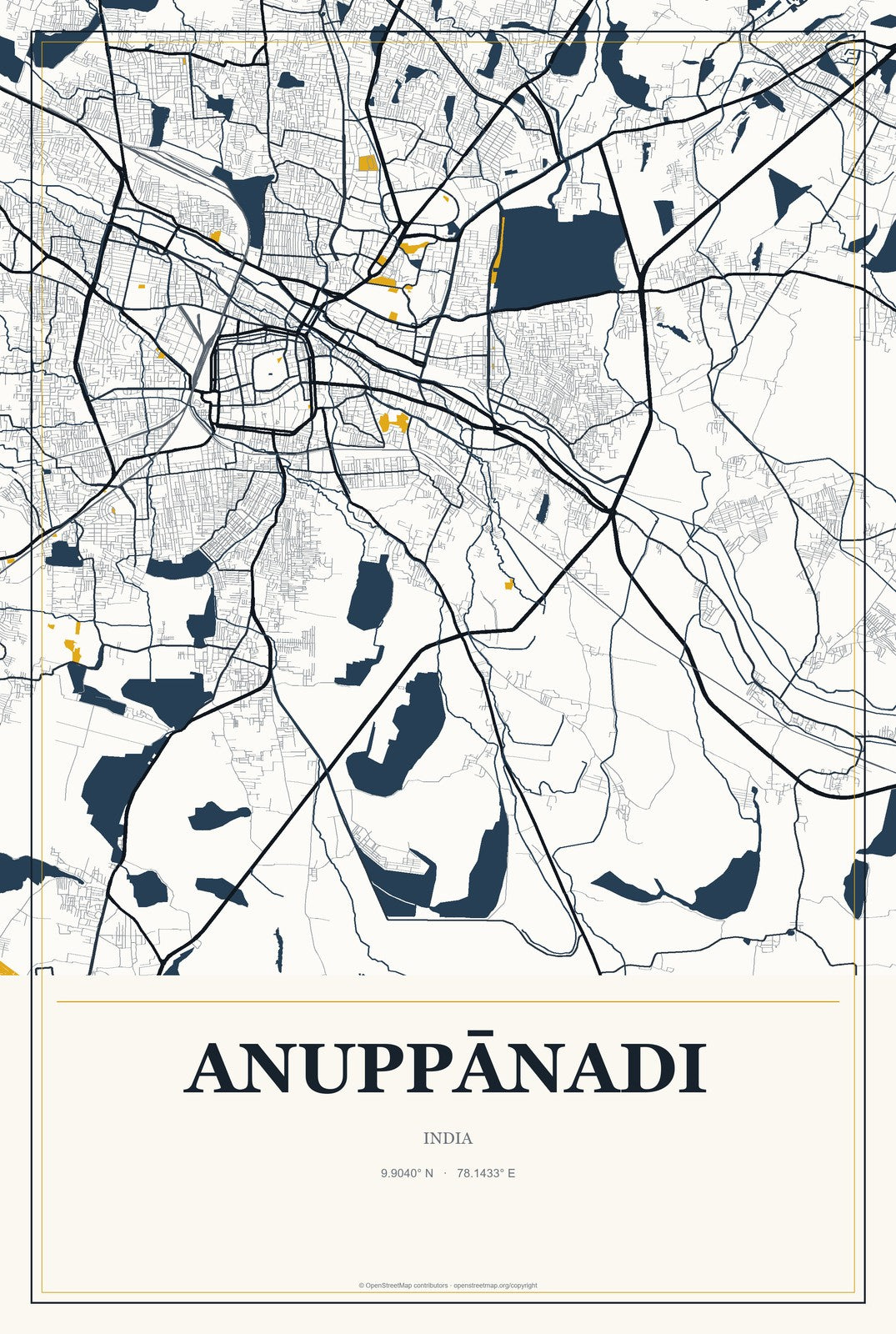 Anuppānadi, India City Map Aluminum Sign in Citrine Modern style