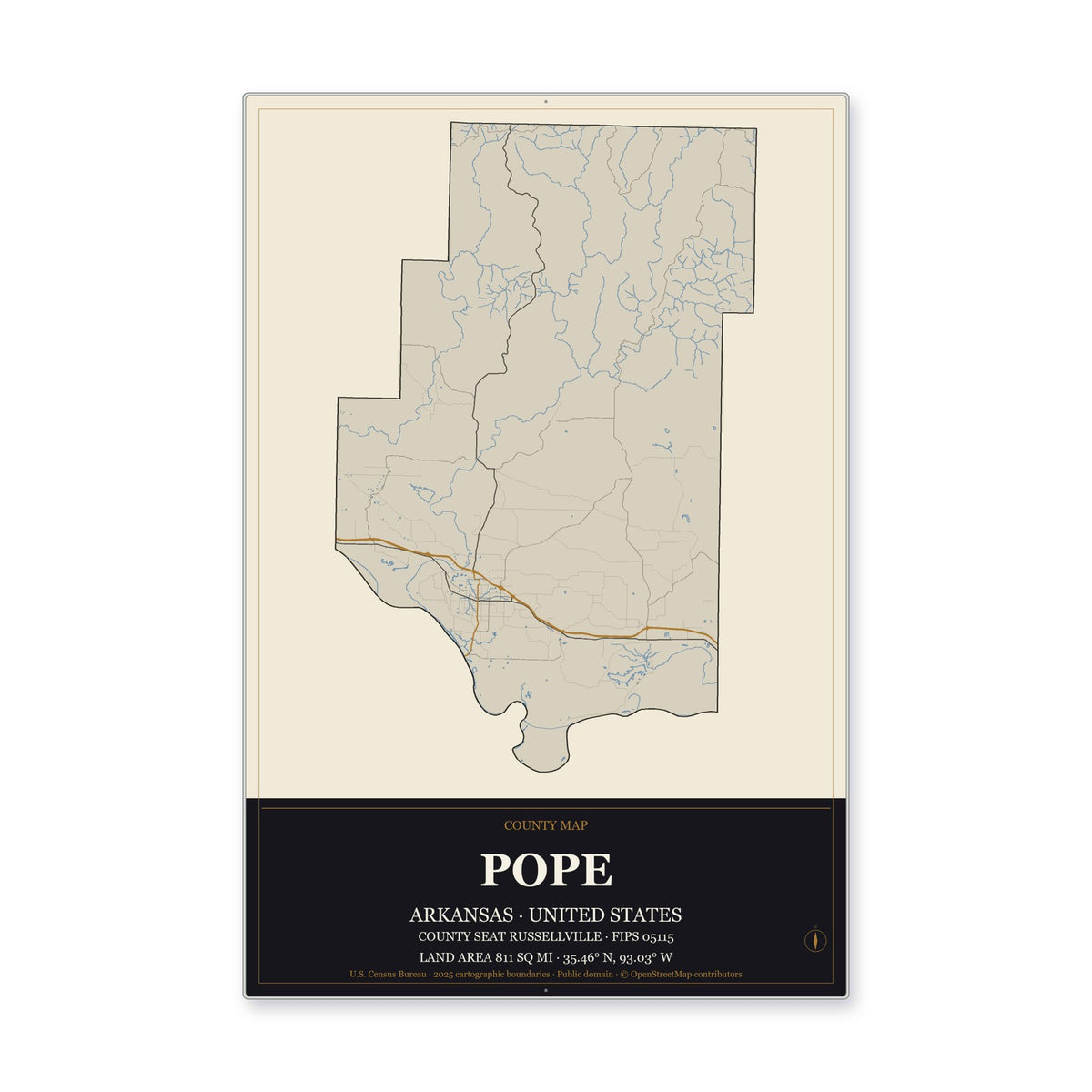 Pope County, Arkansas Map Aluminum Sign in Museum Plaque style