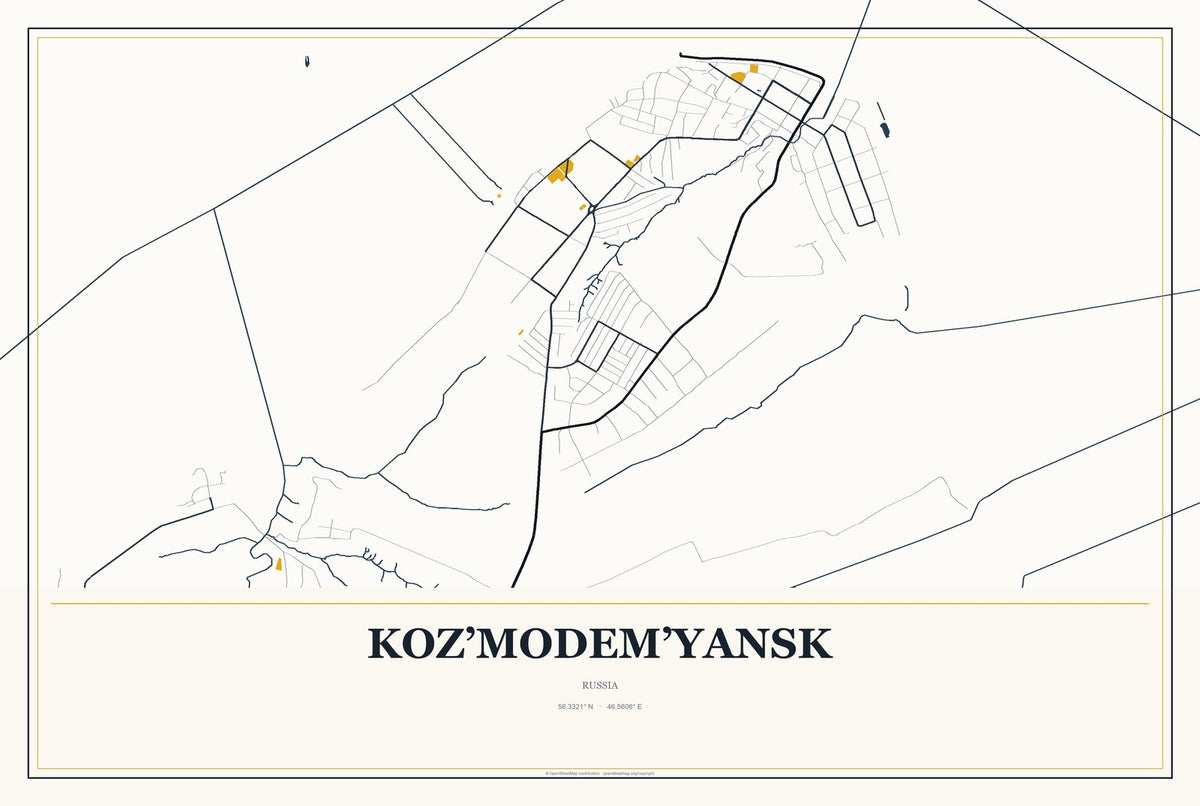 Koz’modem’yansk, Russia City Map Aluminum Sign in Citrine Modern style