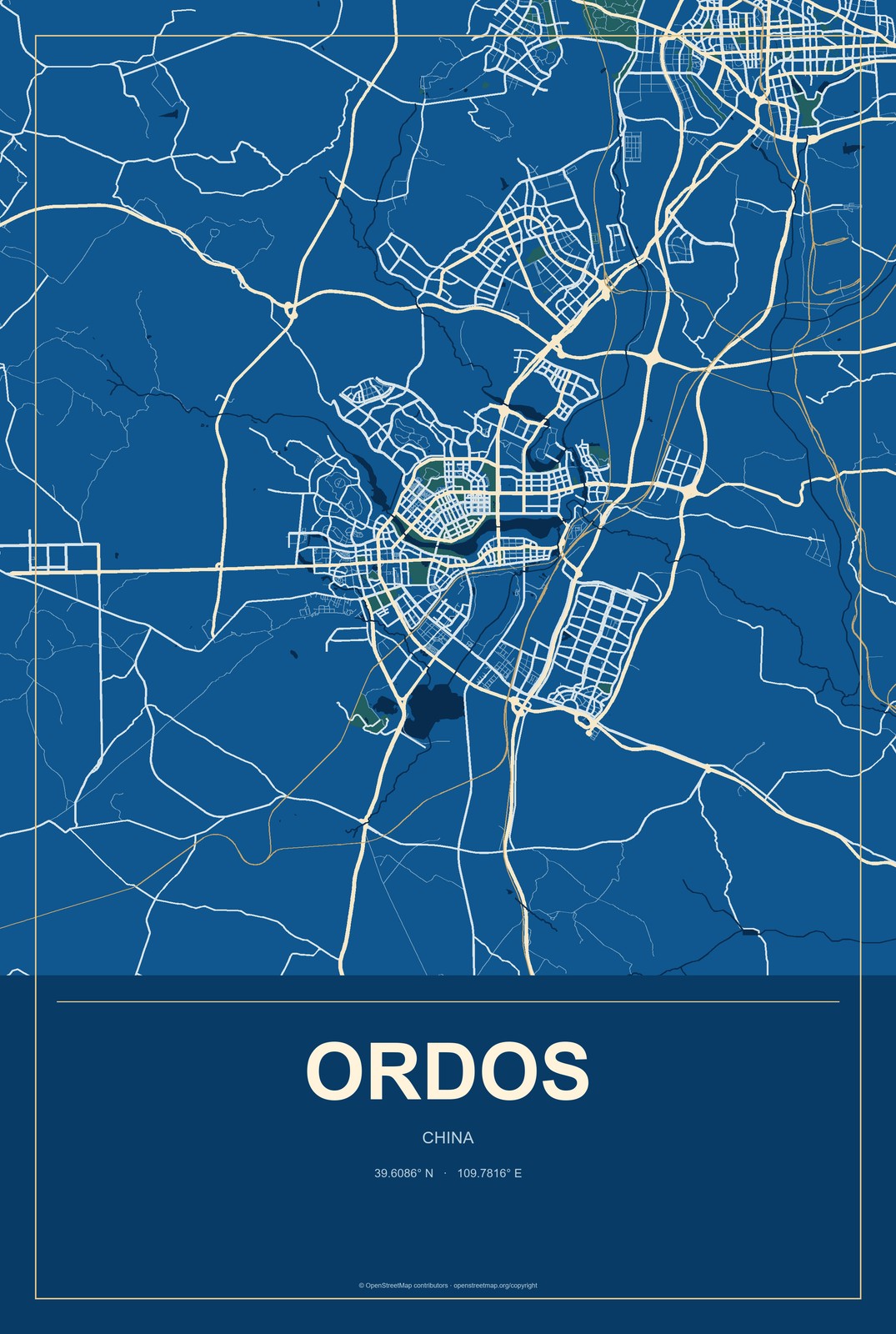 Ordos, China City Map Aluminum Sign in Harbor Cobalt style