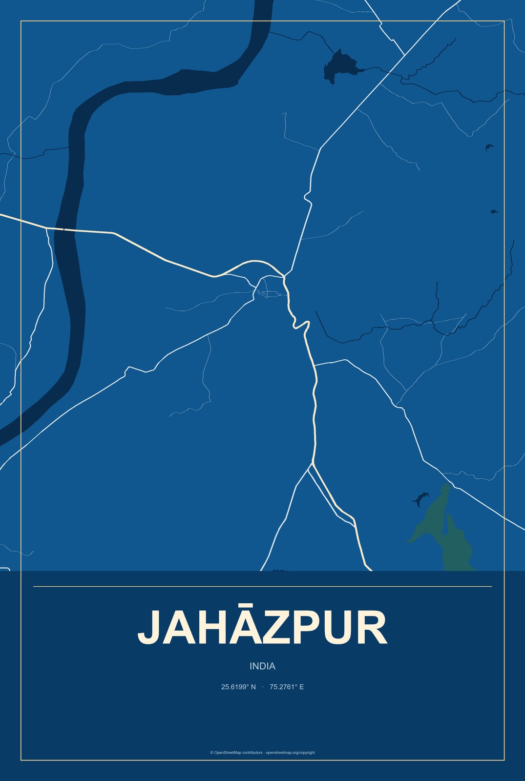 Jahāzpur, India City Map Aluminum Sign in Harbor Cobalt style
