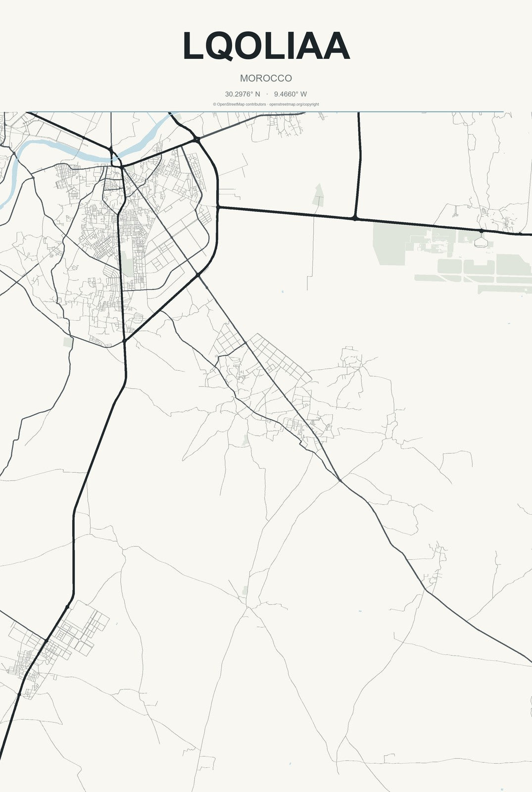 Lqoliaa, Morocco City Map Aluminum Sign in Headline Atlas style