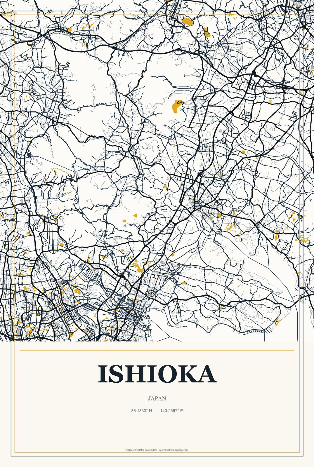 Ishioka, Japan City Map Aluminum Sign in Citrine Modern style