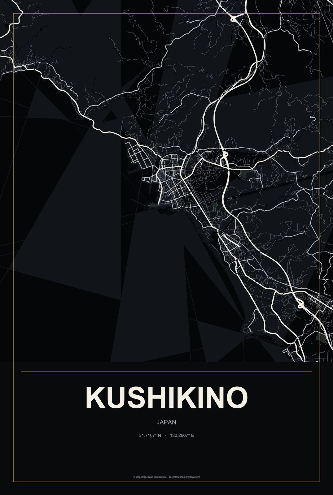 Kushikino, Japan City Map Aluminum Sign in Metropolitan Noir style