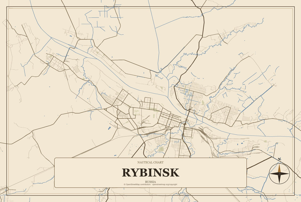 Rybinsk, Russia City Map Aluminum Sign in Heritage Nautical style