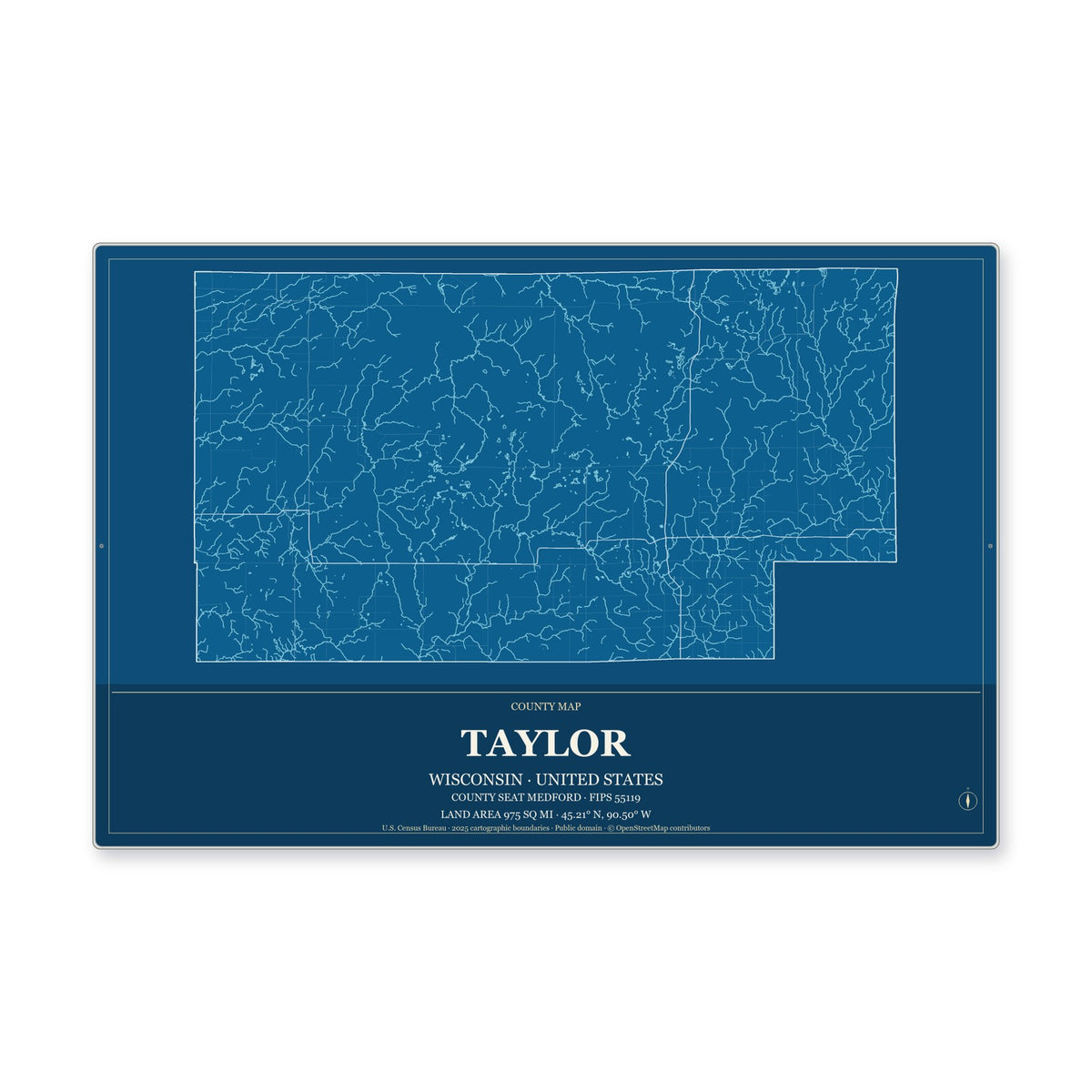 Taylor County, Wisconsin Map Aluminum Sign in Harbor Cobalt style