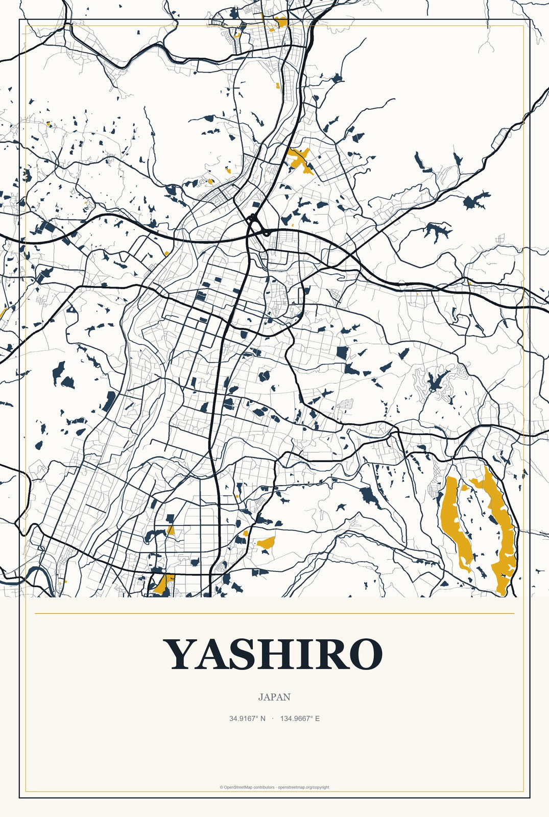 Yashiro, Japan City Map Aluminum Sign in Citrine Modern style