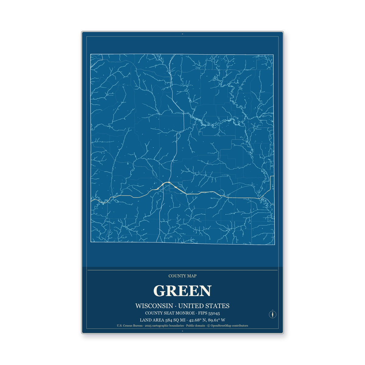 Green County, Wisconsin Map Aluminum Sign in Harbor Cobalt style