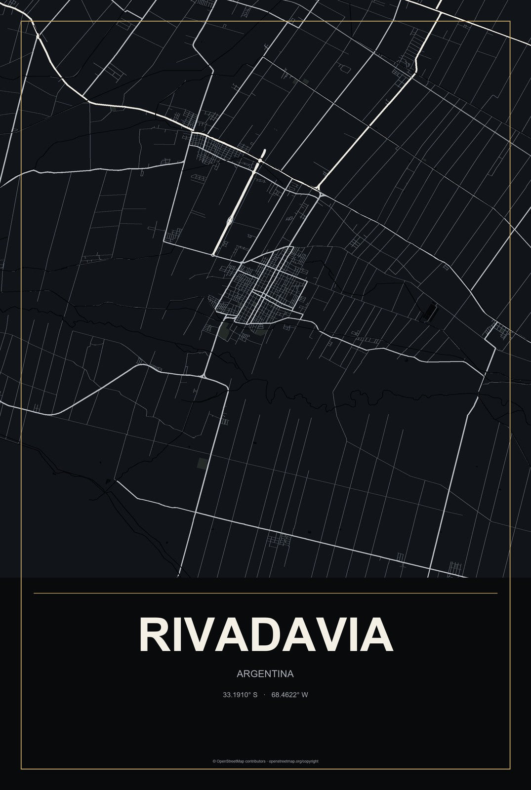 Rivadavia, Argentina City Map Aluminum Sign in Metropolitan Noir style