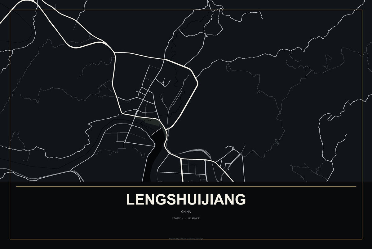 Lengshuijiang, China City Map Aluminum Sign in Metropolitan Noir style