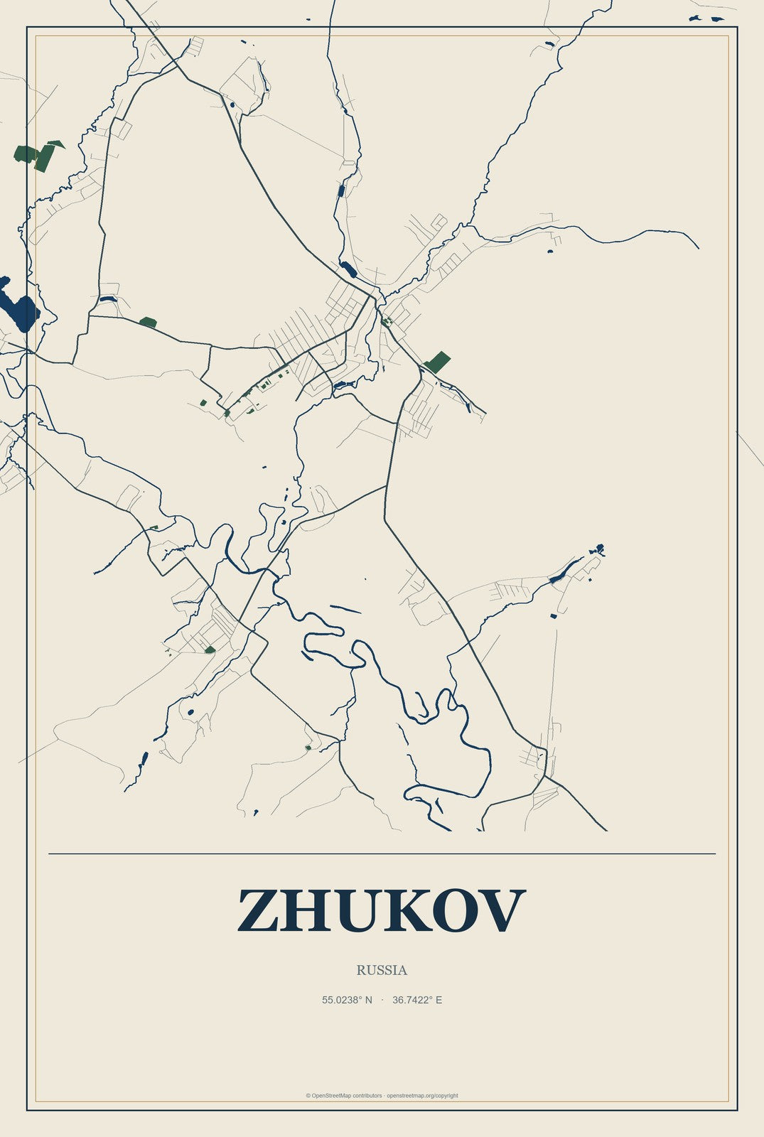Zhukov, Russia City Map Aluminum Sign in Coastal Cutout style