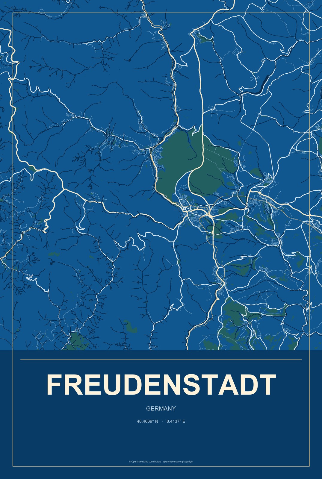 Freudenstadt, Germany City Map Aluminum Sign in Harbor Cobalt style