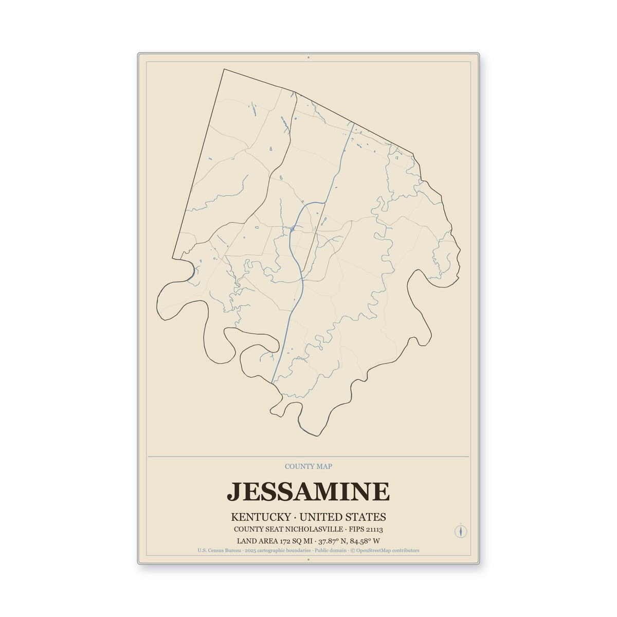 Jessamine County, Kentucky Map Aluminum Sign in Heritage Nautical style