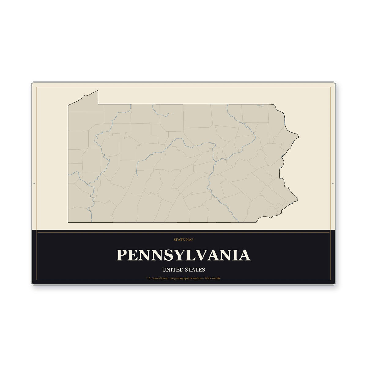 Pennsylvania state map aluminum sign in Museum Plaque style