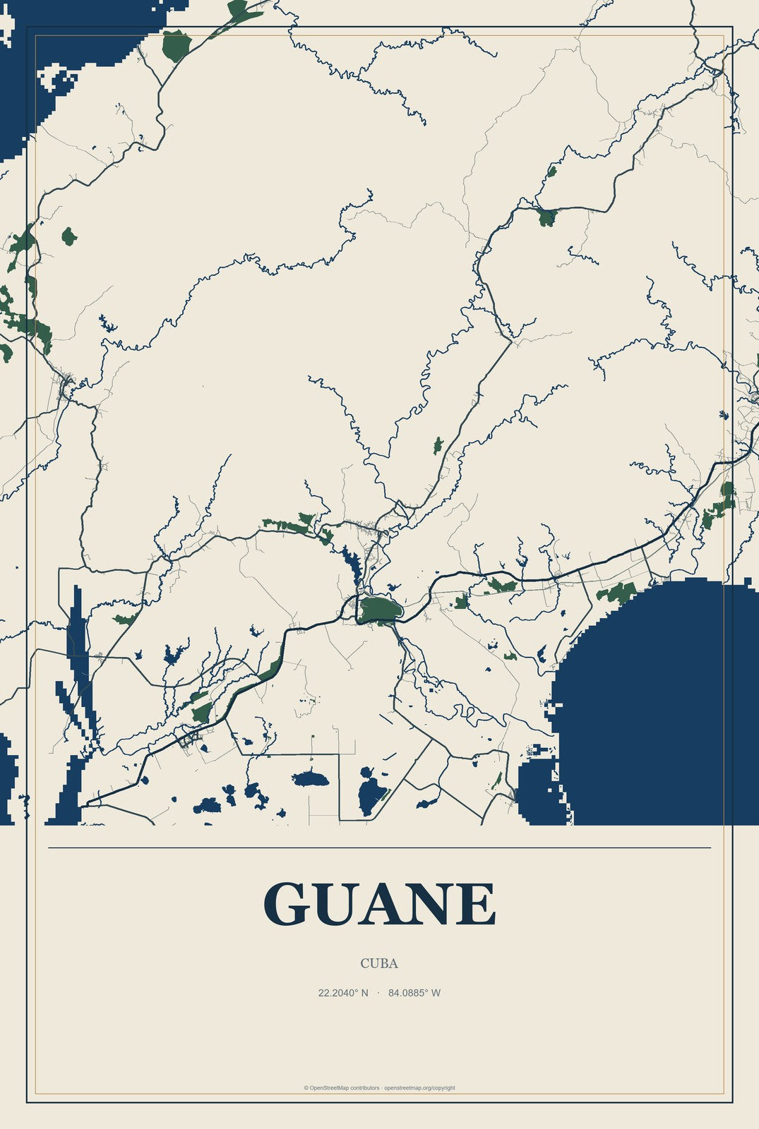 Guane, Cuba City Map Aluminum Sign in Coastal Cutout style