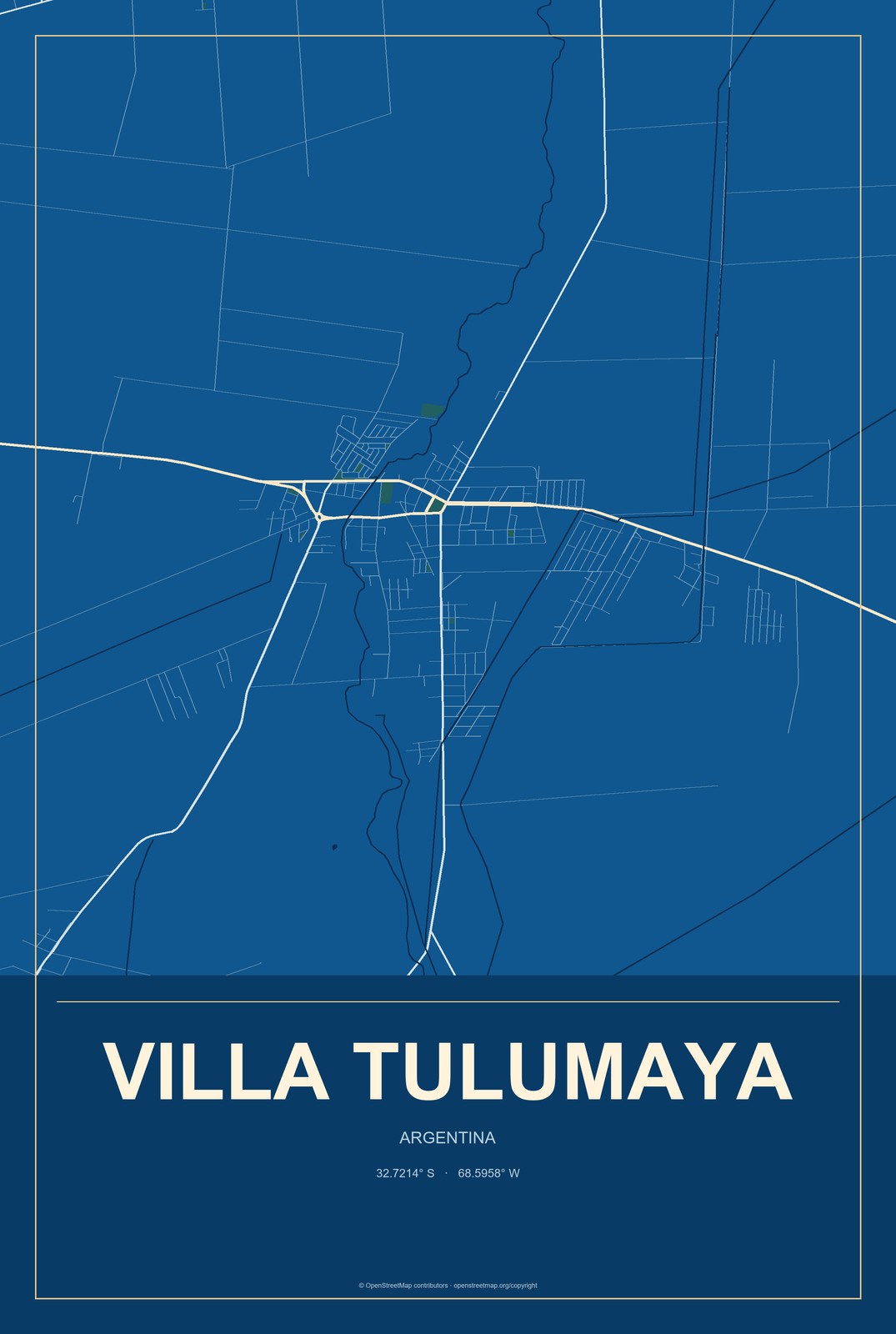 Villa Tulumaya, Argentina City Map Aluminum Sign in Harbor Cobalt style