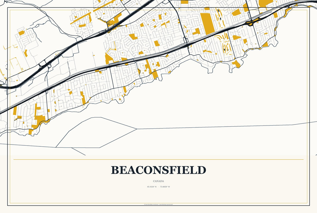 Beaconsfield, Canada City Map Aluminum Sign in Citrine Modern style