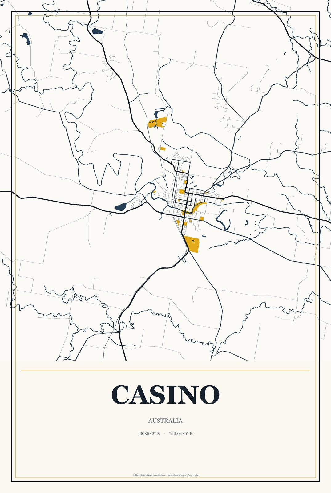 Casino, Australia City Map Aluminum Sign in Citrine Modern style