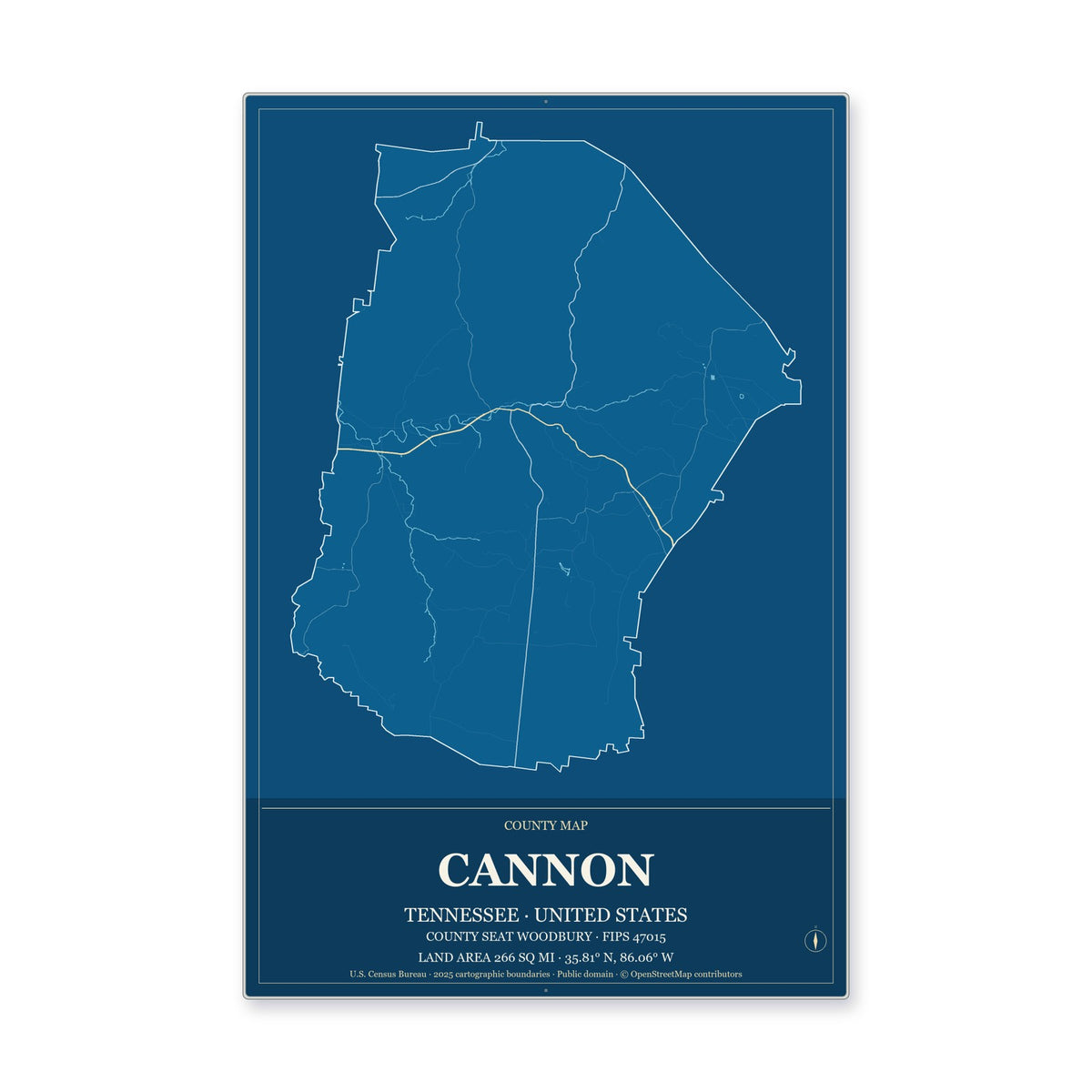 Cannon County, Tennessee Map Aluminum Sign in Harbor Cobalt style