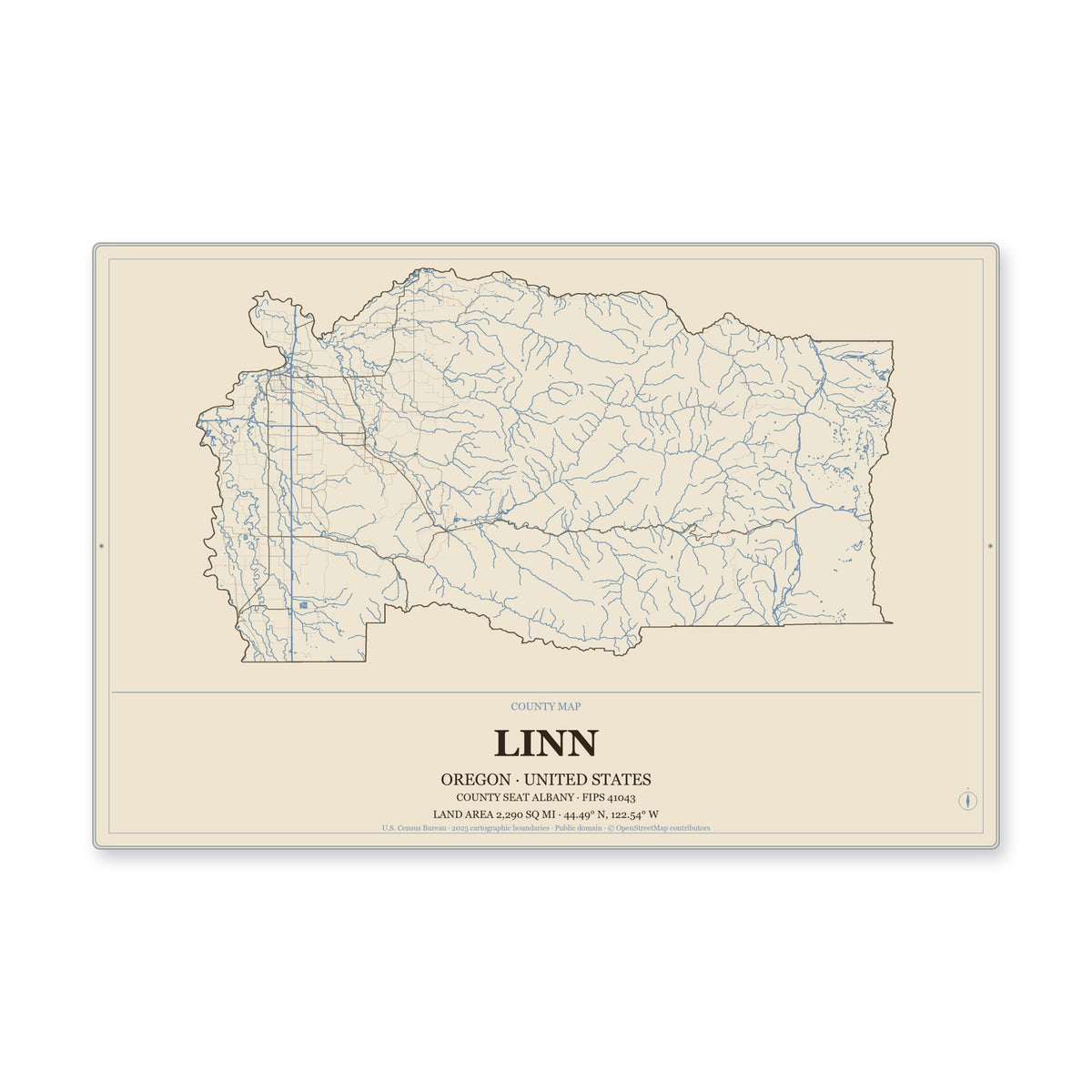 Linn County, Oregon Map Aluminum Sign in Heritage Nautical style