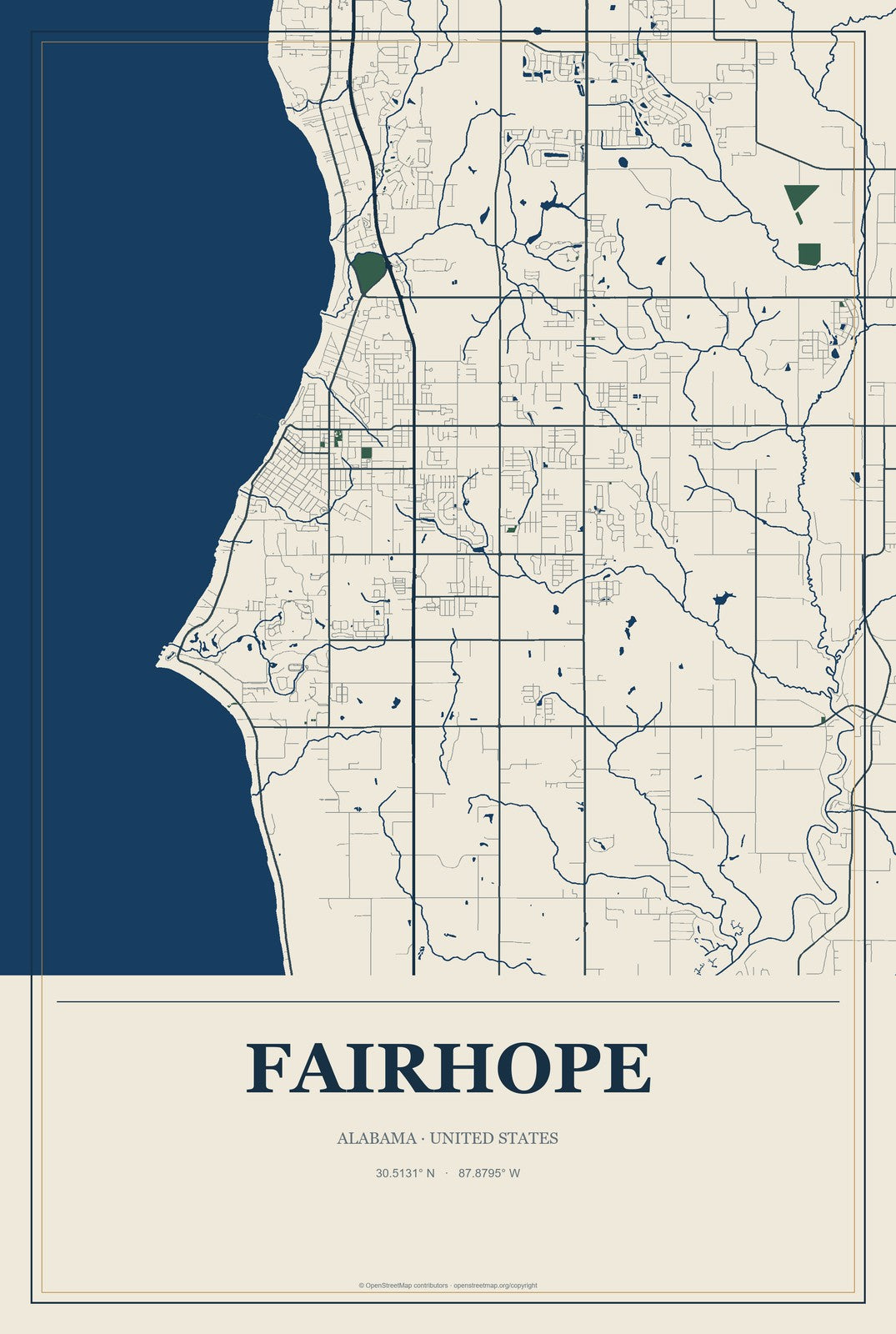 Fairhope, Alabama City Map Aluminum Sign in Coastal Cutout style