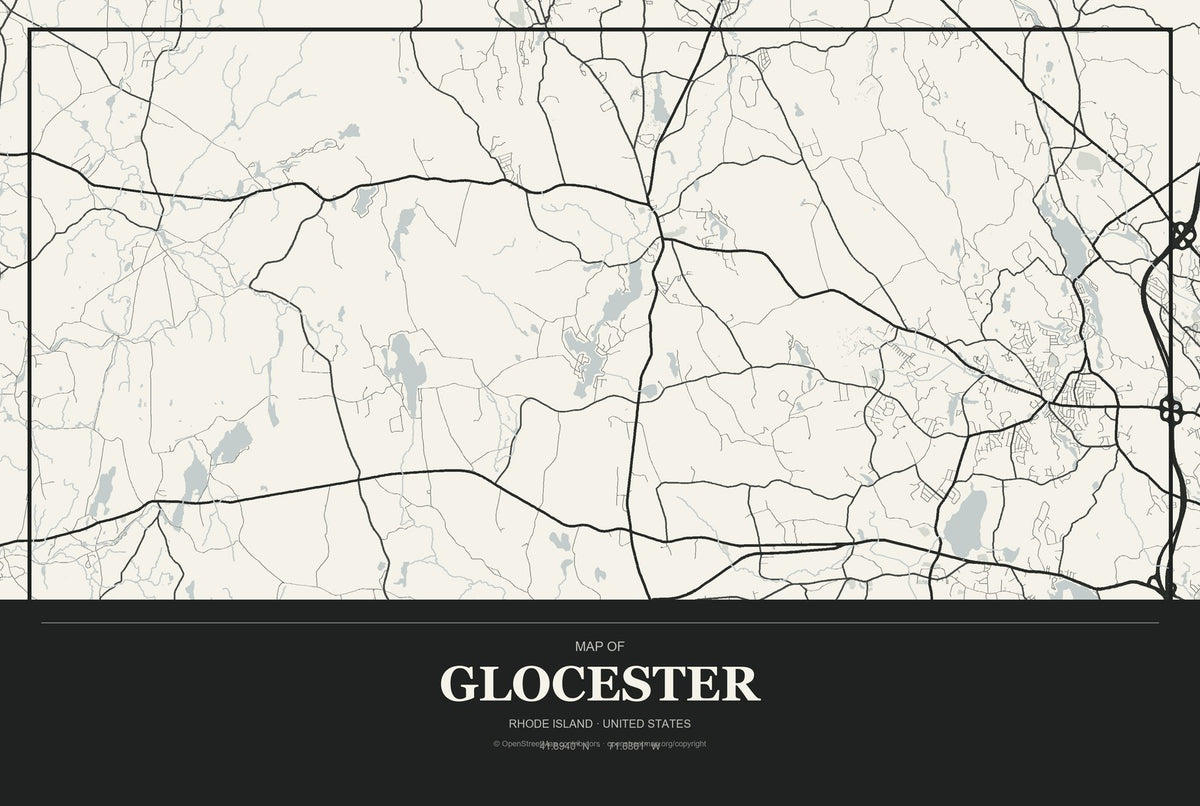 Glocester, Rhode Island City Map Aluminum Sign in Museum Plaque style