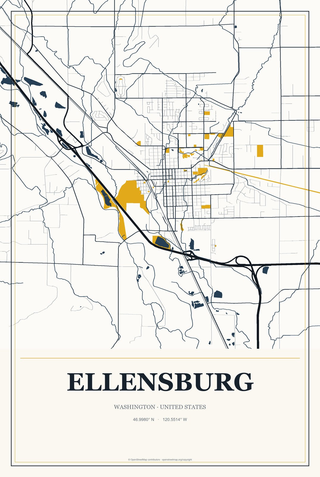 Ellensburg, Washington City Map Aluminum Sign in Citrine Modern style