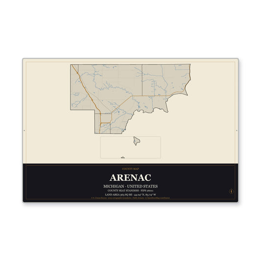 Arenac County, Michigan Map Aluminum Sign in Museum Plaque style