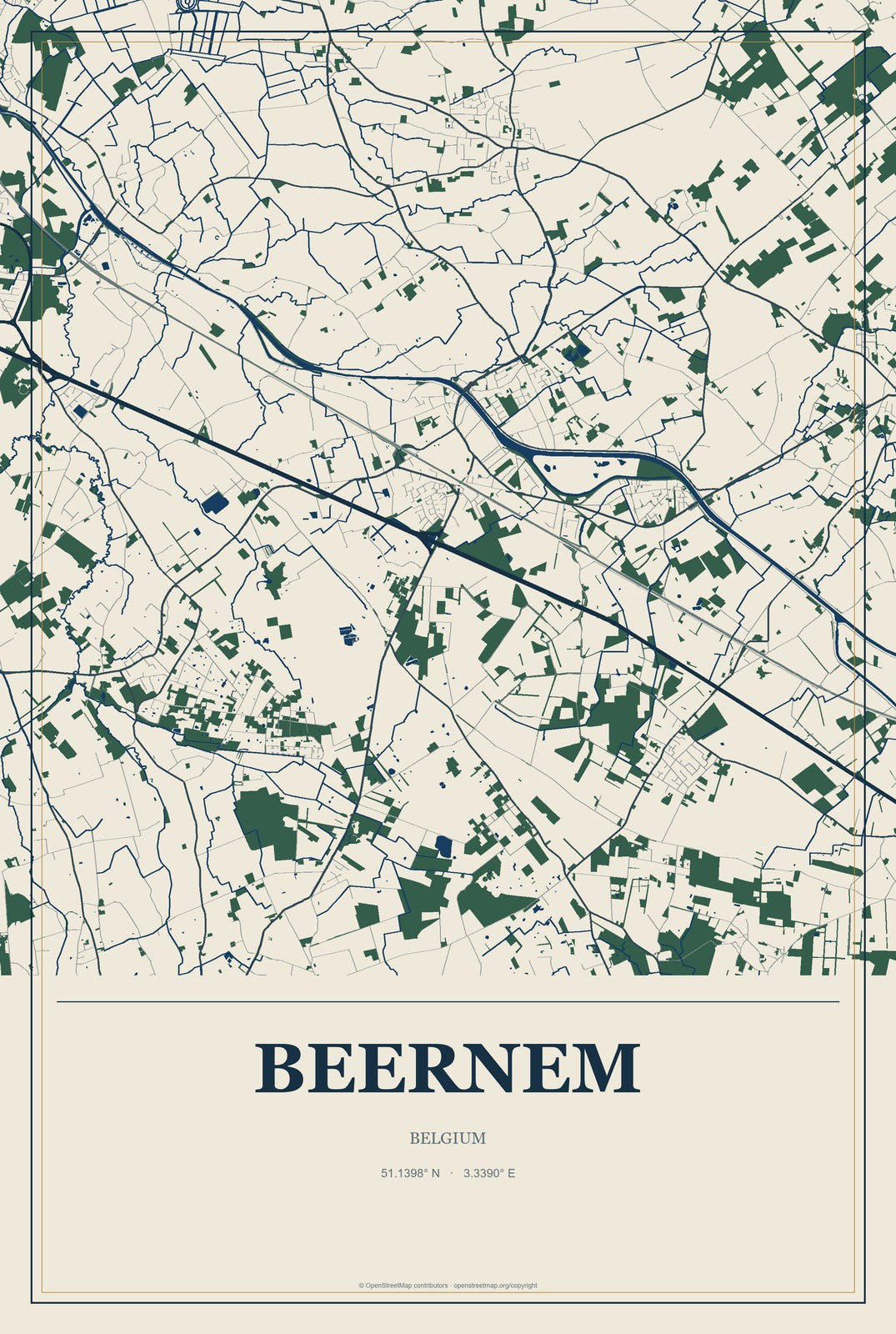 Beernem, Belgium City Map Aluminum Sign in Coastal Cutout style