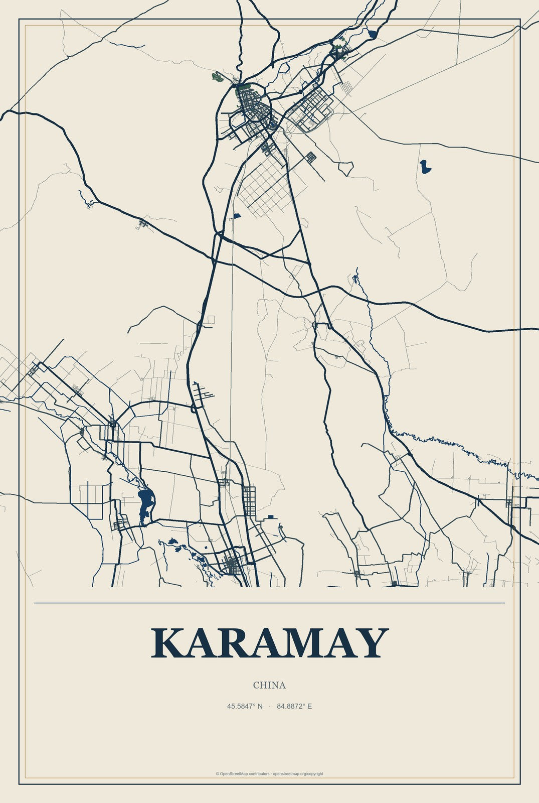 Karamay, China City Map Aluminum Sign in Coastal Cutout style