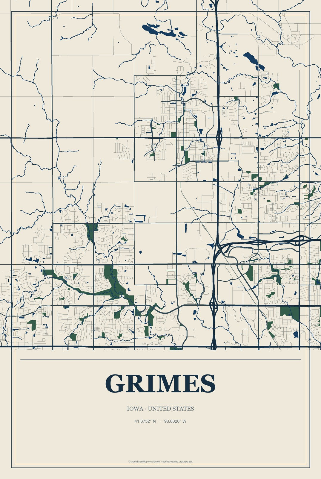 Grimes, Iowa City Map Aluminum Sign in Coastal Cutout style