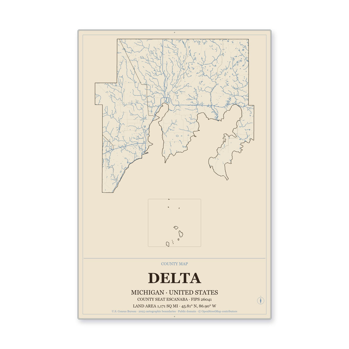 Delta County, Michigan Map Aluminum Sign in Heritage Nautical style