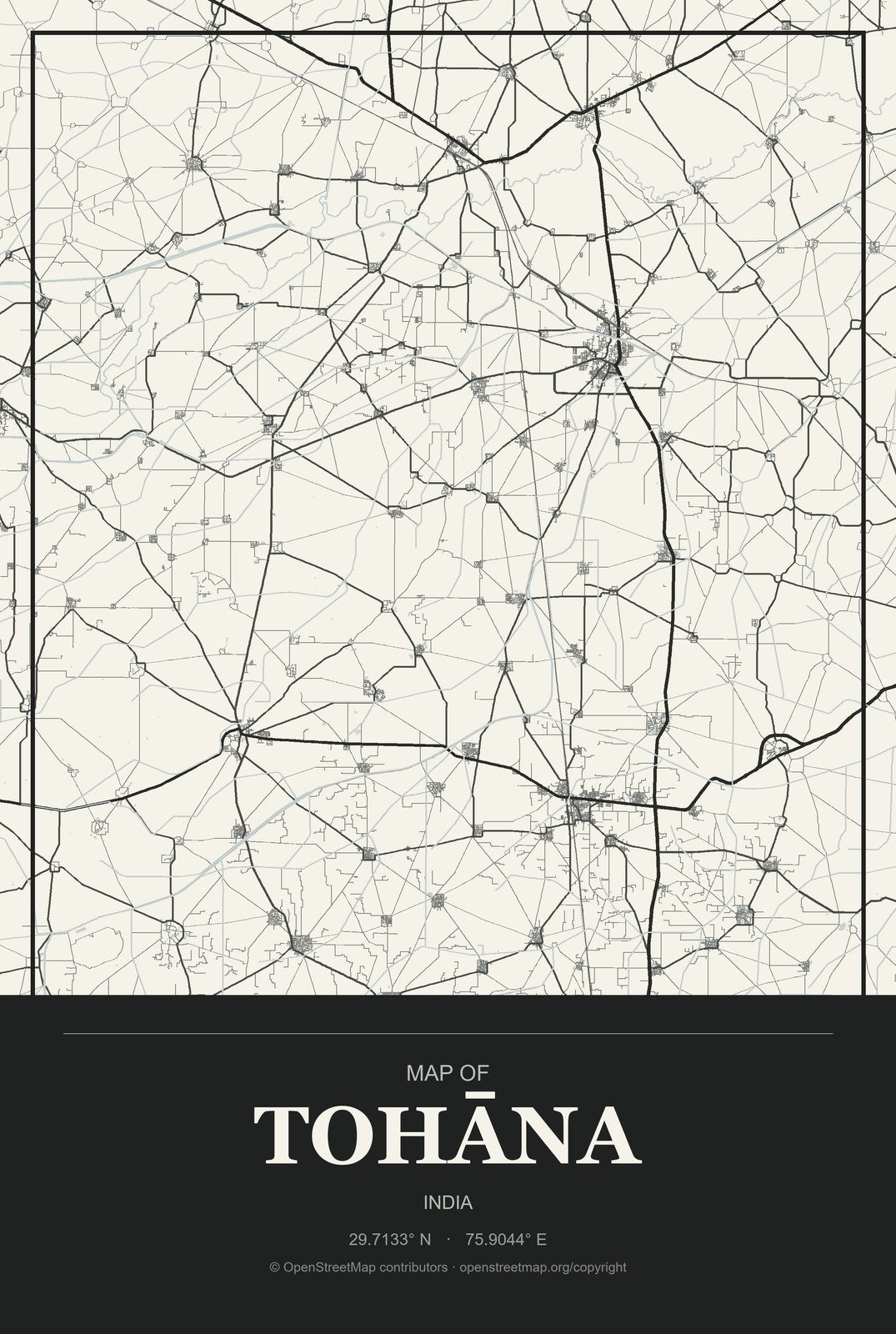 Tohāna, India City Map Aluminum Sign in Museum Plaque style