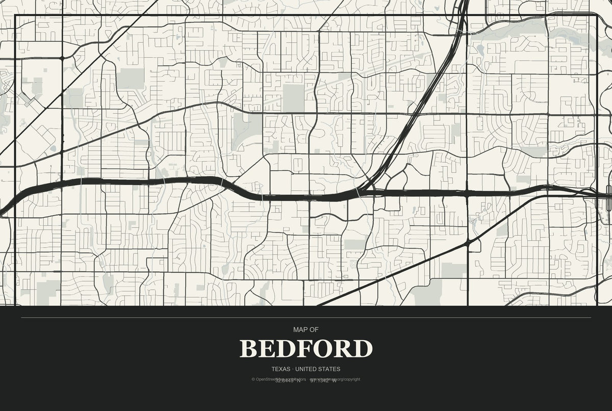 Bedford, Texas City Map Aluminum Sign in Museum Plaque style