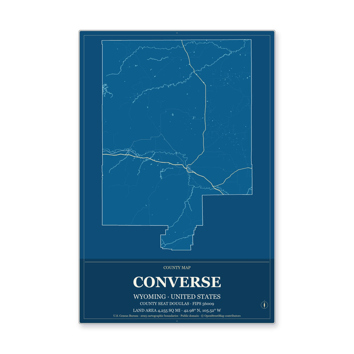Converse County, Wyoming Map Aluminum Sign in Harbor Cobalt style