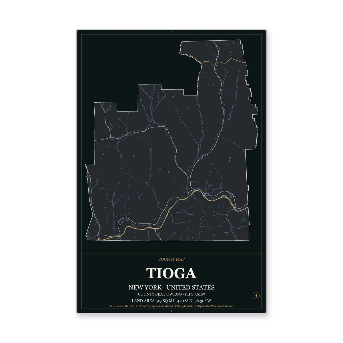 Tioga County, New York Map Aluminum Sign in Metropolitan Noir style
