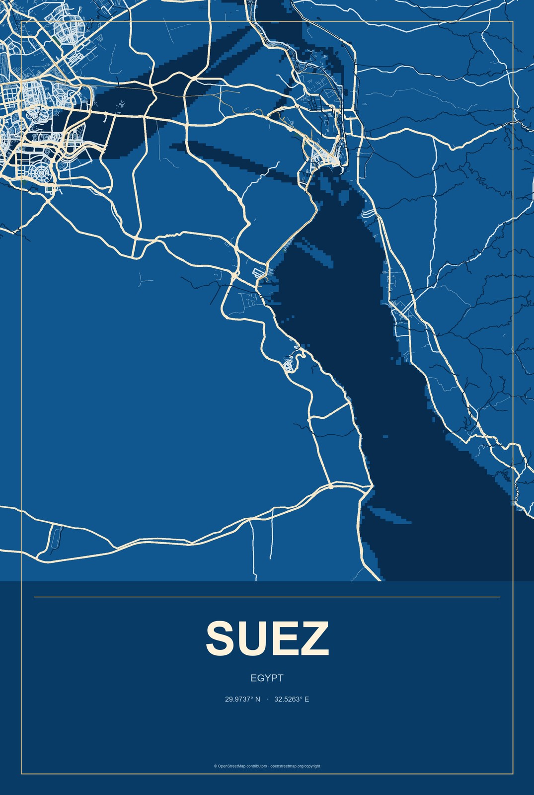 Suez, Egypt City Map Aluminum Sign in Harbor Cobalt style