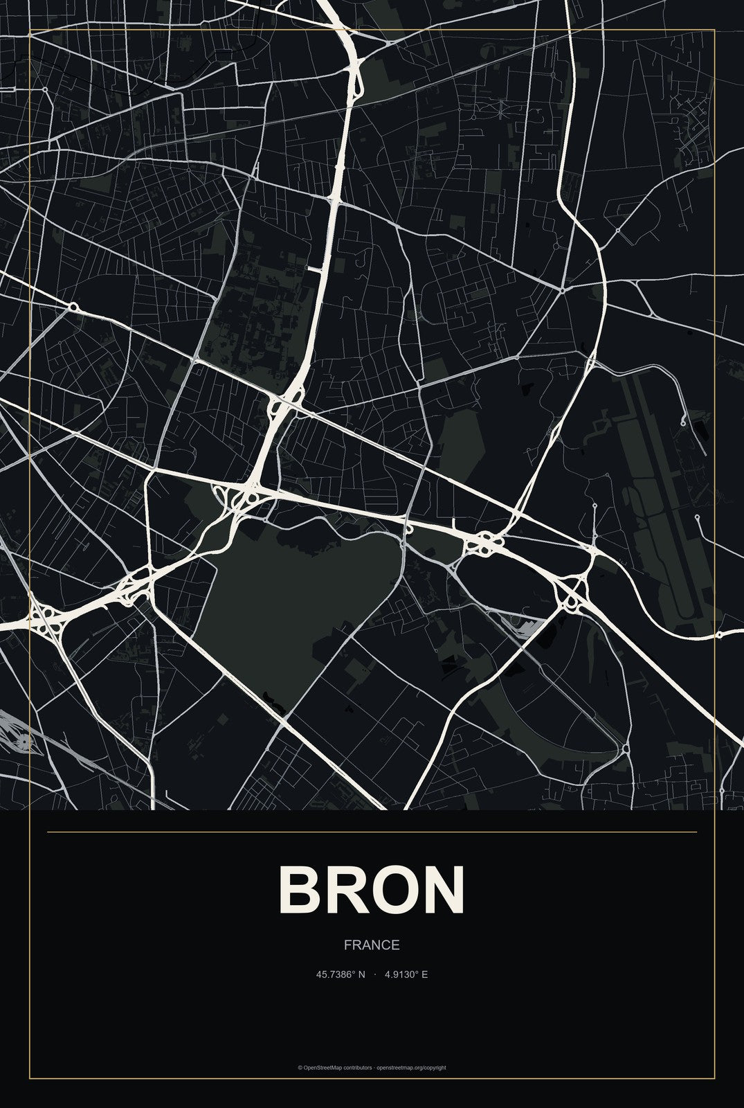 Bron, France City Map Aluminum Sign in Metropolitan Noir style